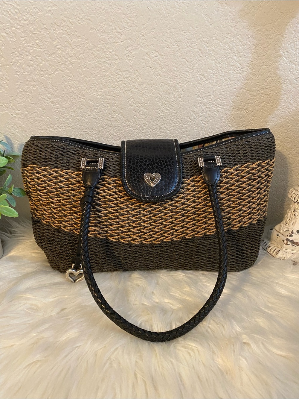 Brighton Savannah Black and Tan Woven Straw Tote with Heart Accent